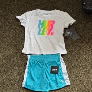 Hurley White Tee with Multicolor Logo and Aqua Shorts